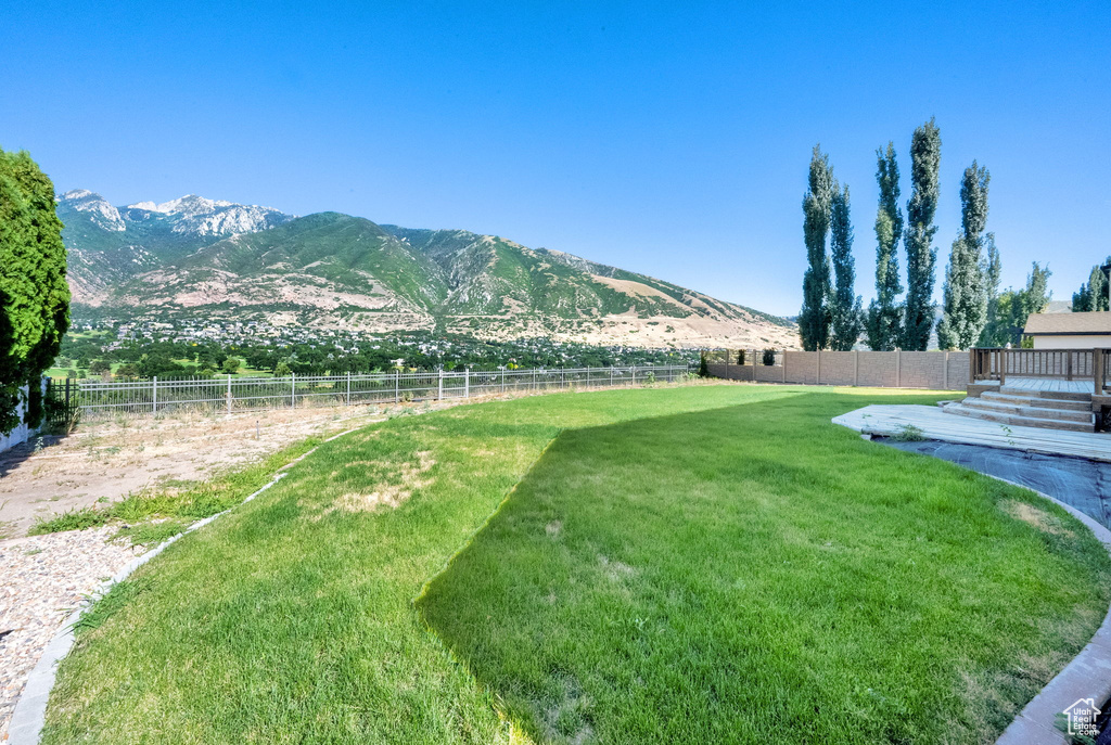 Fenced backyard with a mountain view