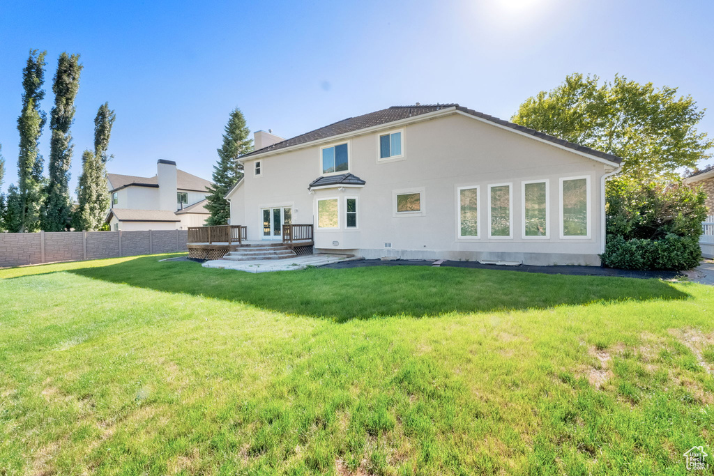 Back of property with stucco siding and french doors