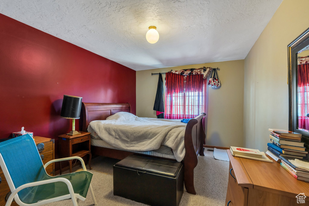 Carpeted bedroom with a textured ceiling