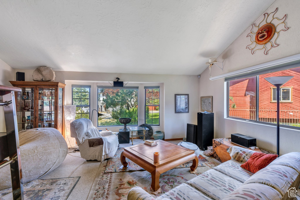 Carpeted living room with vaulted ceiling