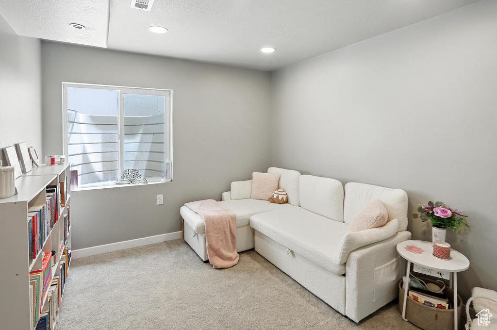 Living area featuring carpet floors, recessed lighting, and a textured ceiling