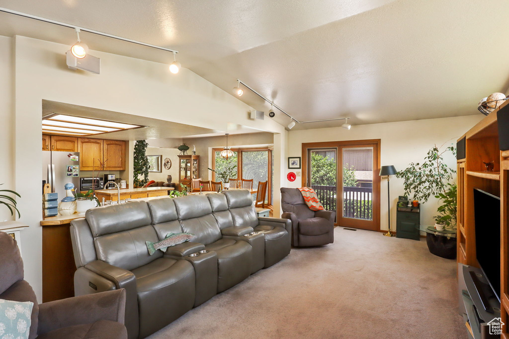 Living area featuring track lighting, light carpet, and vaulted ceiling