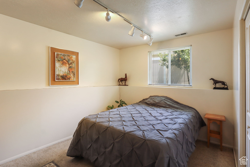 Carpeted bedroom with track lighting and a textured ceiling