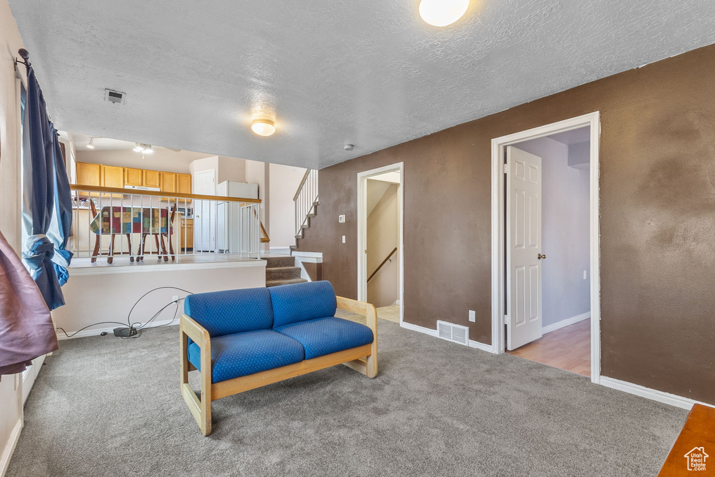 Living area with a textured ceiling, carpet, and stairs