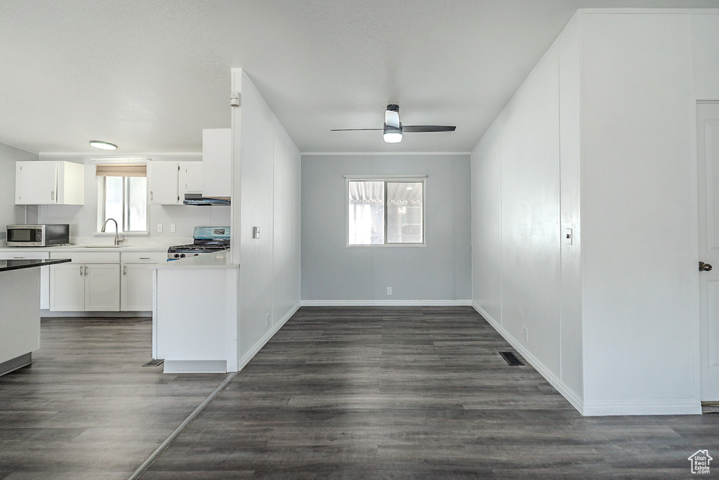 Kitchen with range, stainless steel microwave, extractor fan, ceiling fan, and open floor plan