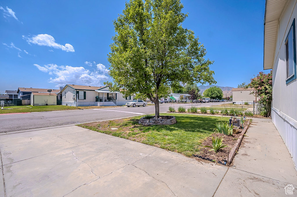 View of green lawn with a residential view