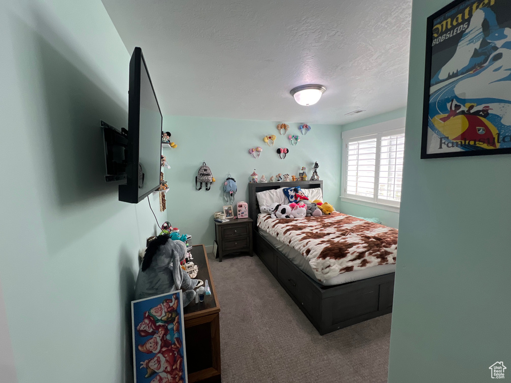 Bedroom featuring carpet and a textured ceiling