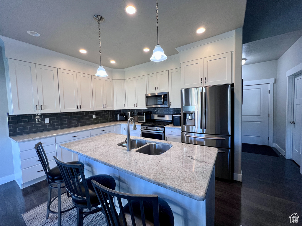 Kitchen featuring stainless steel appliances, backsplash, dark wood-type flooring, an island with sink, and recessed lighting