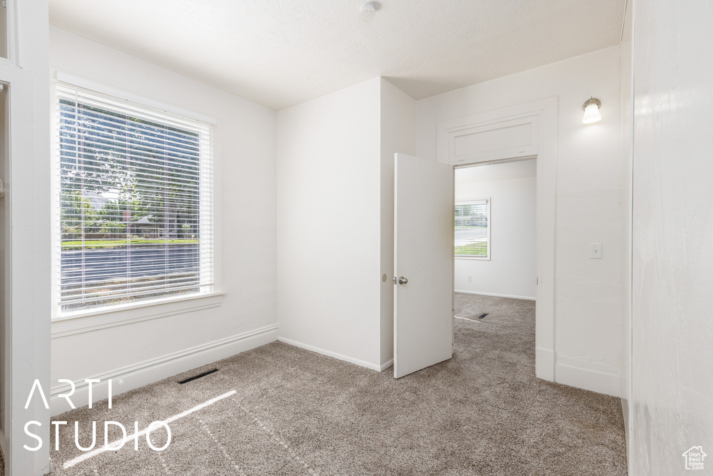 Unfurnished room featuring carpet, plenty of natural light, and a smoke detector