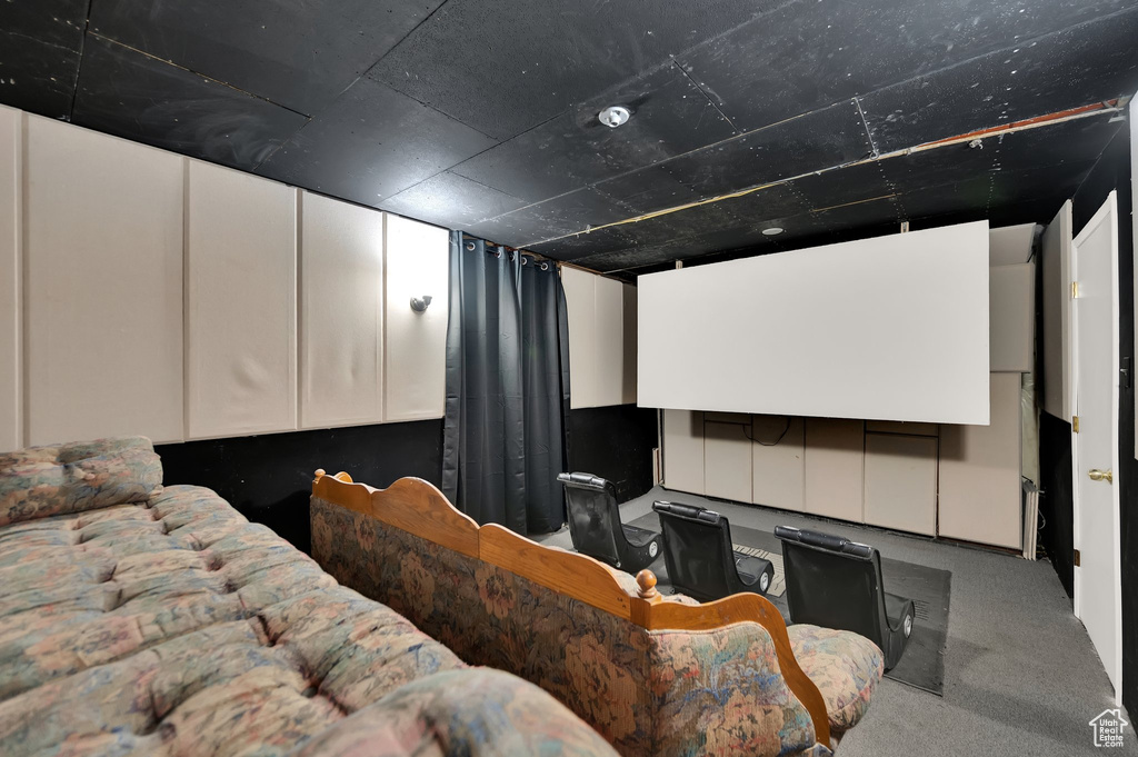 Home theater featuring carpet