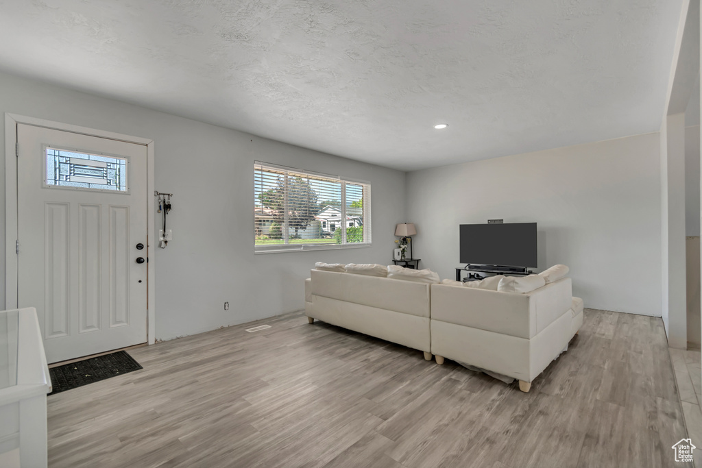 Living area with light wood-style floors and recessed lighting