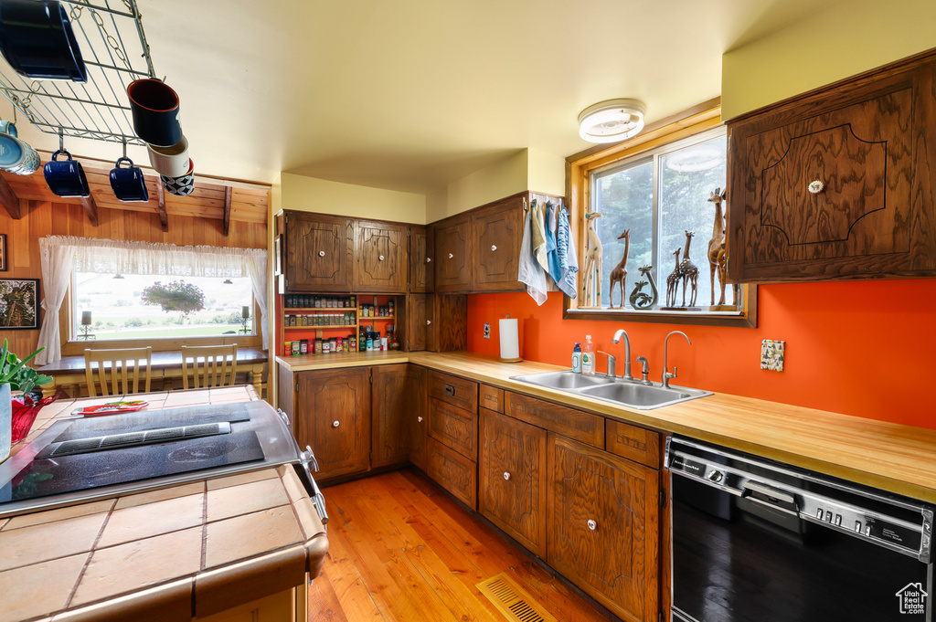 Kitchen with dishwasher, plenty of natural light, light countertops, and light wood-style flooring