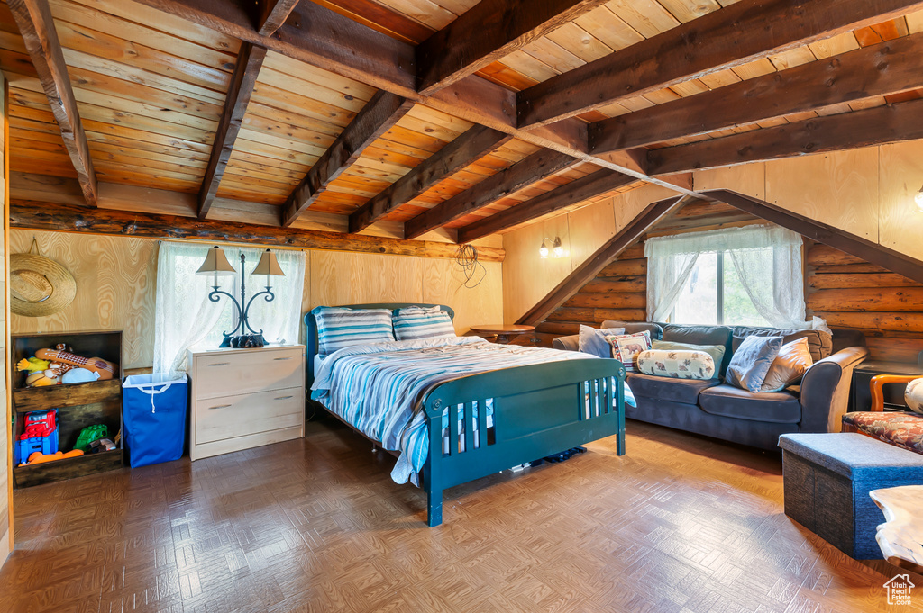 Bedroom with wood ceiling
