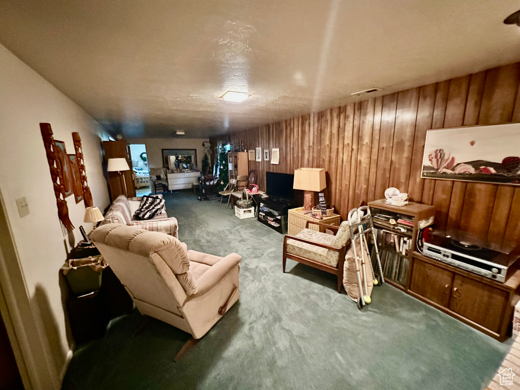 Living area featuring carpet and wooden walls