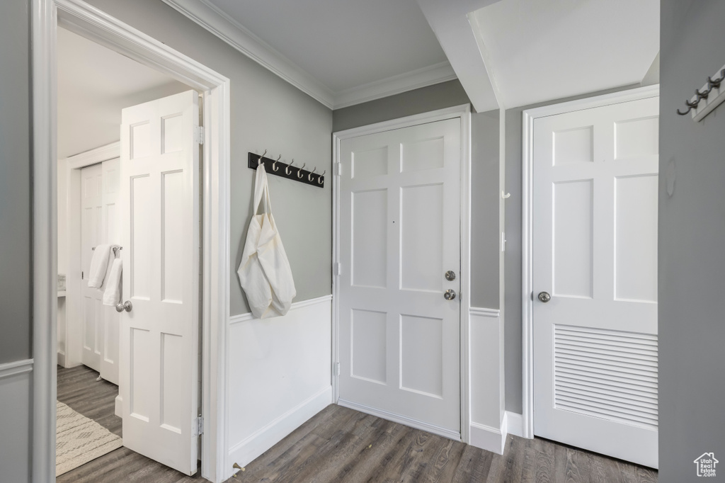 Foyer featuring dark wood finished floors and ornamental molding