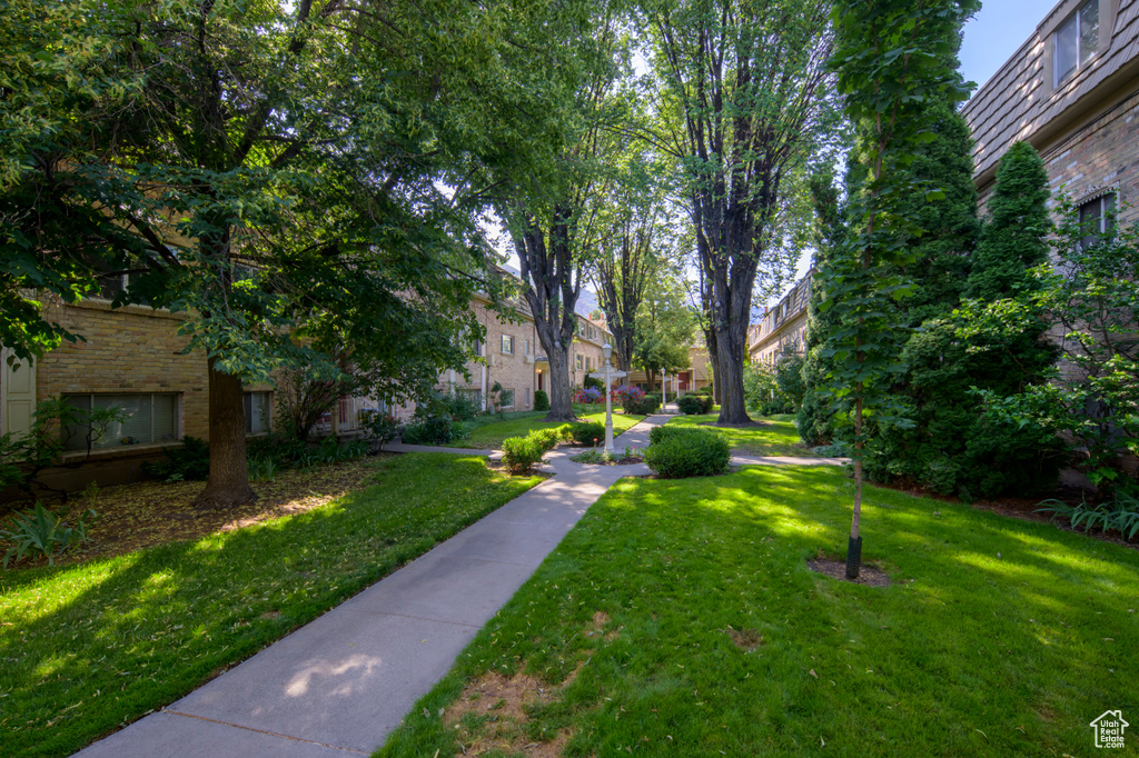 View of property's community featuring a lawn and a residential view