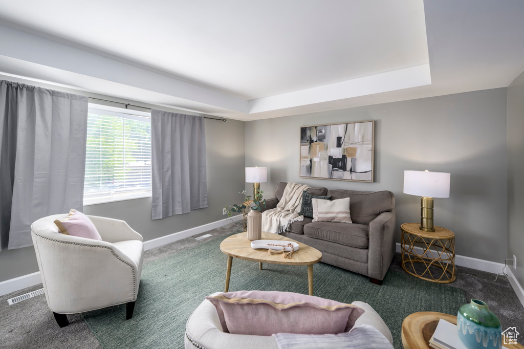 Carpeted living area featuring baseboards and a tray ceiling