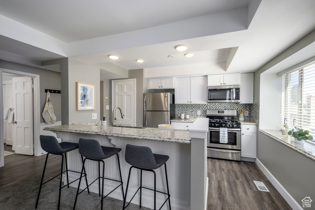 Kitchen with stainless steel appliances, dark wood finished floors, and a kitchen bar