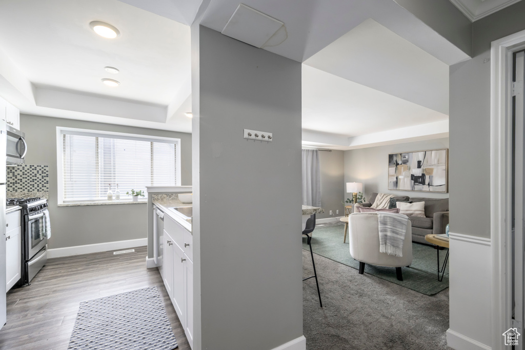 Kitchen featuring stainless steel appliances, a raised ceiling, white cabinetry, and light countertops