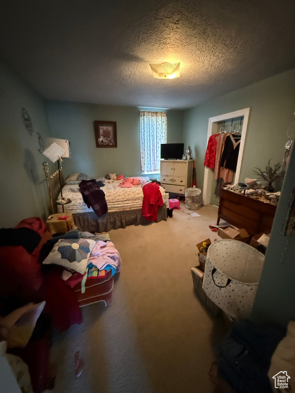Bedroom with carpet and a textured ceiling