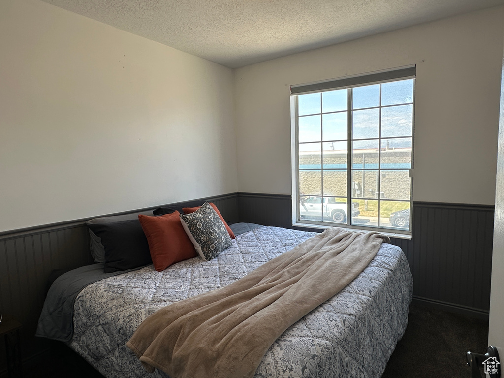 Bedroom with a wainscoted wall, multiple windows, a textured ceiling, carpet, and wood walls