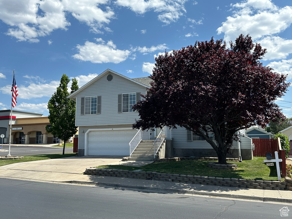 View of property hidden behind natural elements with an attached garage and driveway
