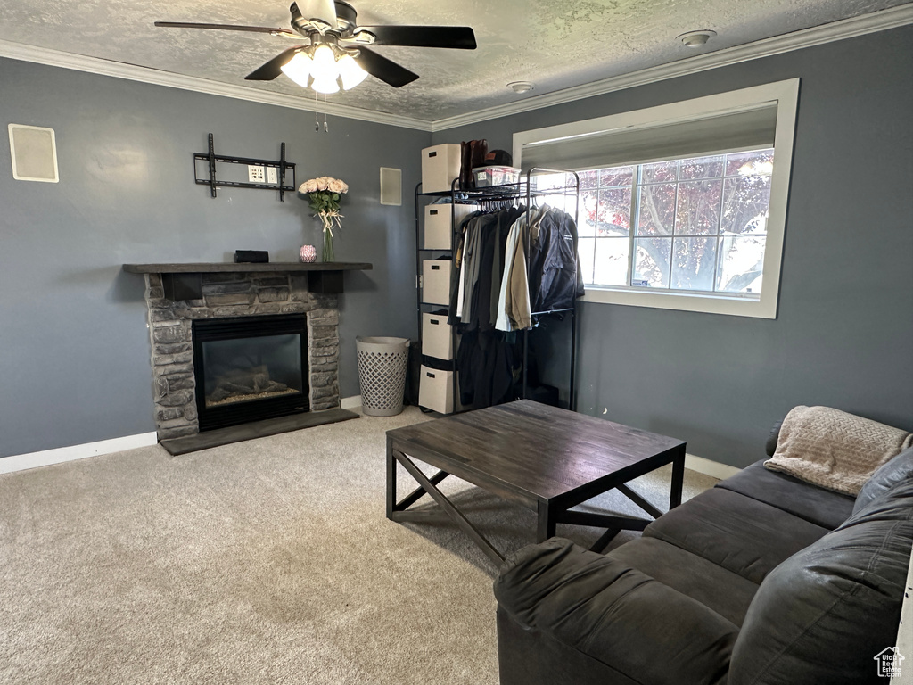 Carpeted living room featuring a stone fireplace, a ceiling fan, crown molding, and a textured ceiling
