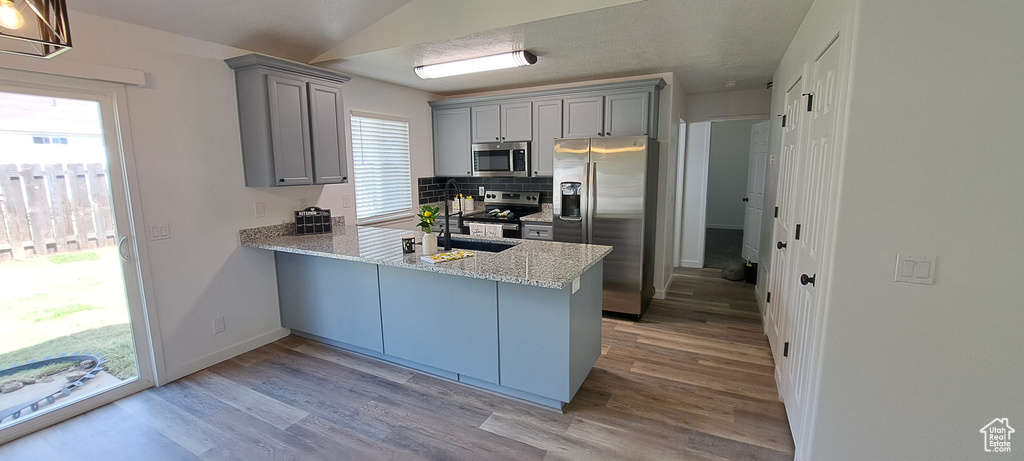 Kitchen featuring stainless steel appliances, gray cabinets, a peninsula, decorative backsplash, and light wood-style flooring