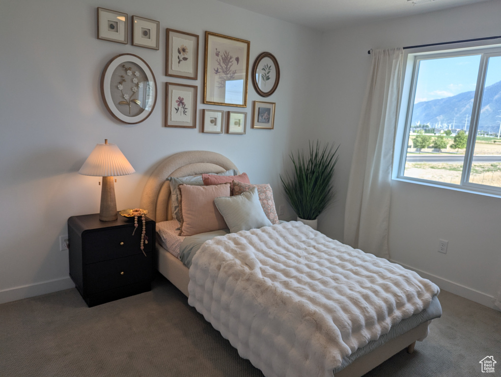 Carpeted bedroom featuring multiple windows and a mountain view