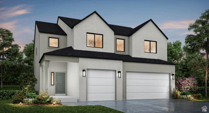 Modern farmhouse style home featuring a garage, a shingled roof, concrete driveway, and a lawn