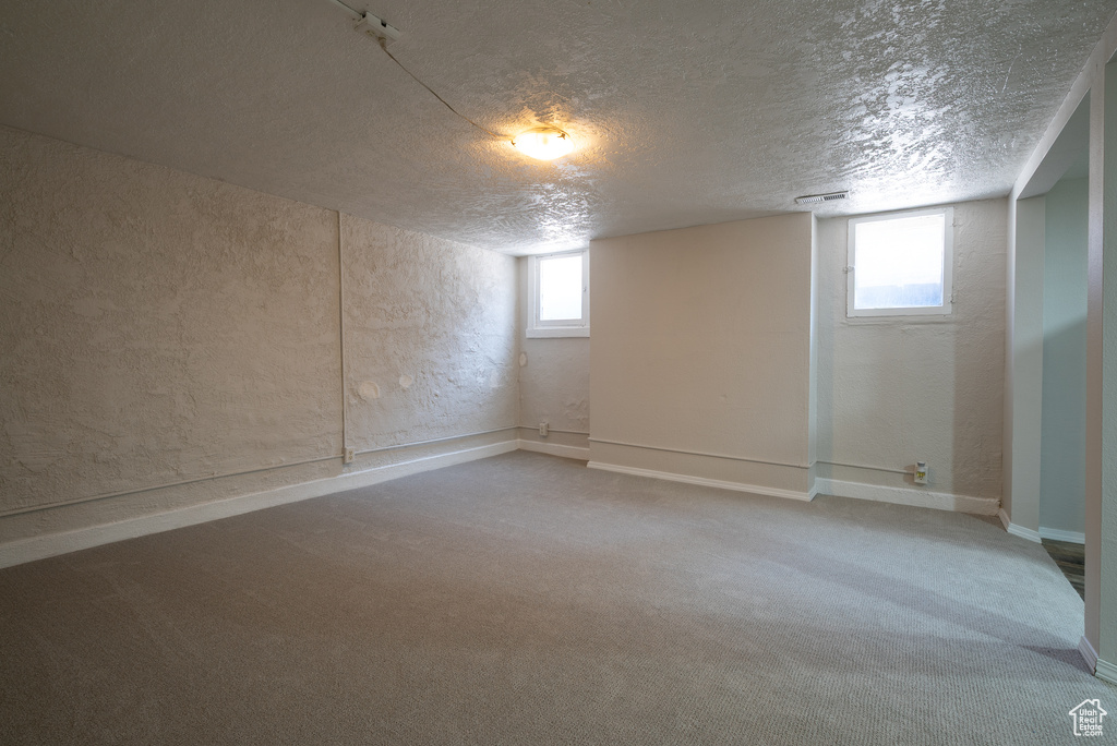 Basement featuring a textured ceiling, carpet flooring, and a textured wall
