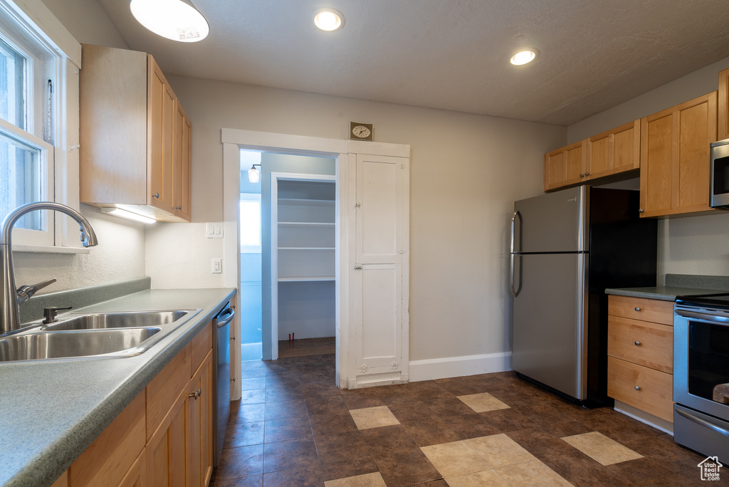 Kitchen with appliances with stainless steel finishes, light brown cabinets, and recessed lighting