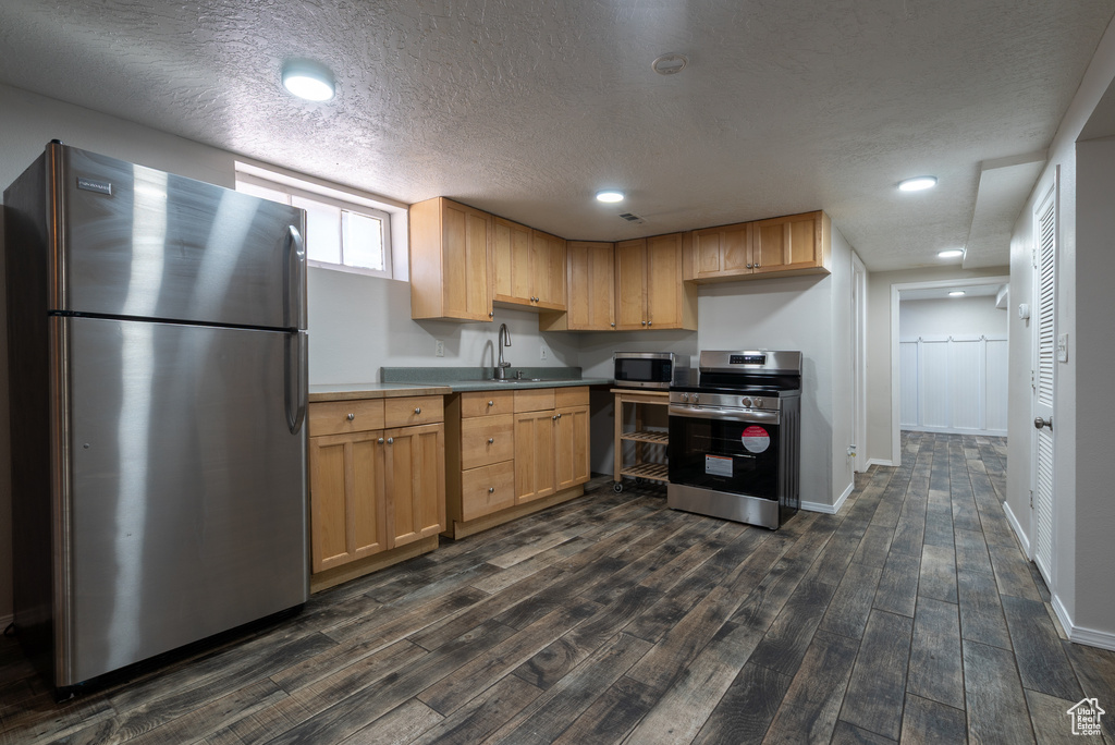 Kitchen featuring stainless steel appliances, dark wood-type flooring, a textured ceiling, and recessed lighting