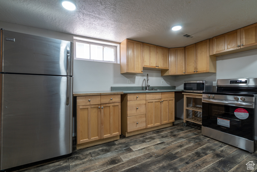 Kitchen featuring stainless steel appliances, dark wood-style flooring, a textured ceiling, recessed lighting, and light countertops