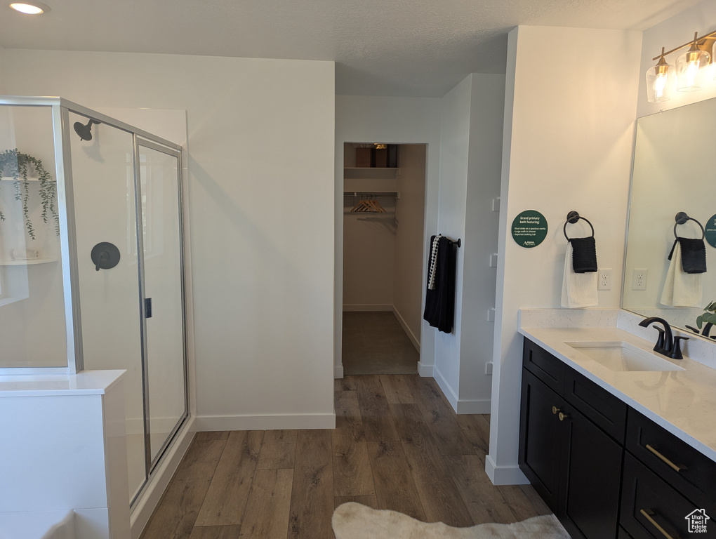 Full bathroom with a stall shower, a spacious closet, vanity, and wood finished floors
