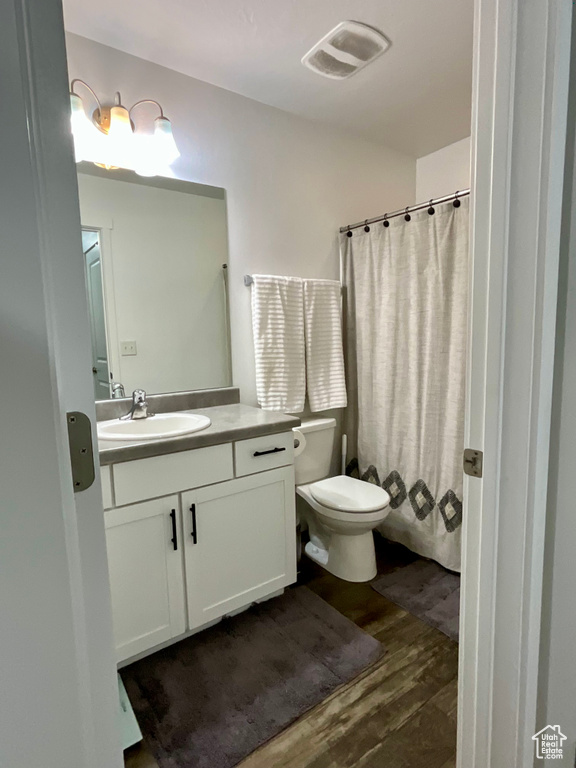 Full bathroom featuring wood finished floors, vanity, and curtained shower