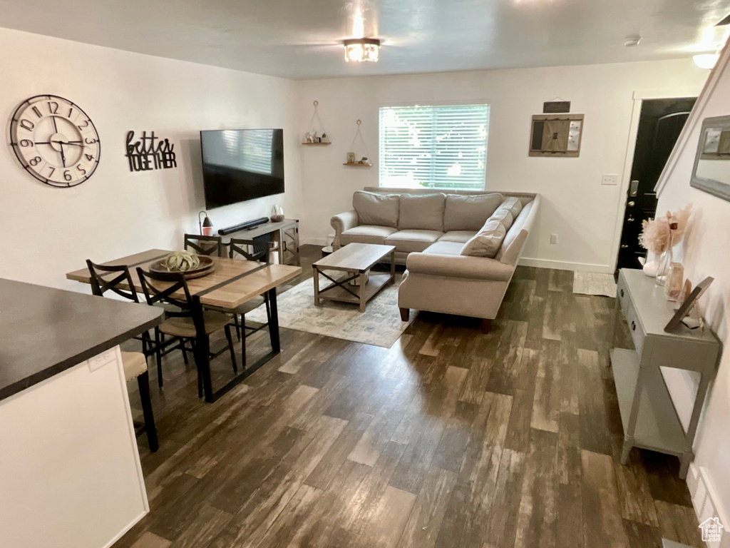 Living room featuring dark wood-style floors
