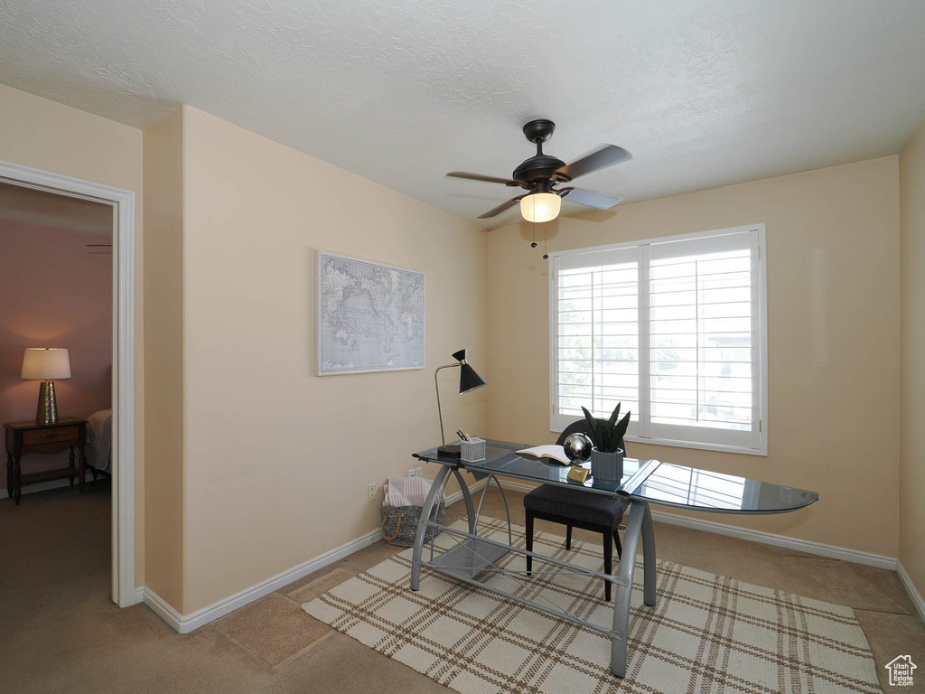 Office area featuring light colored carpet, plenty of natural light, and ceiling fan