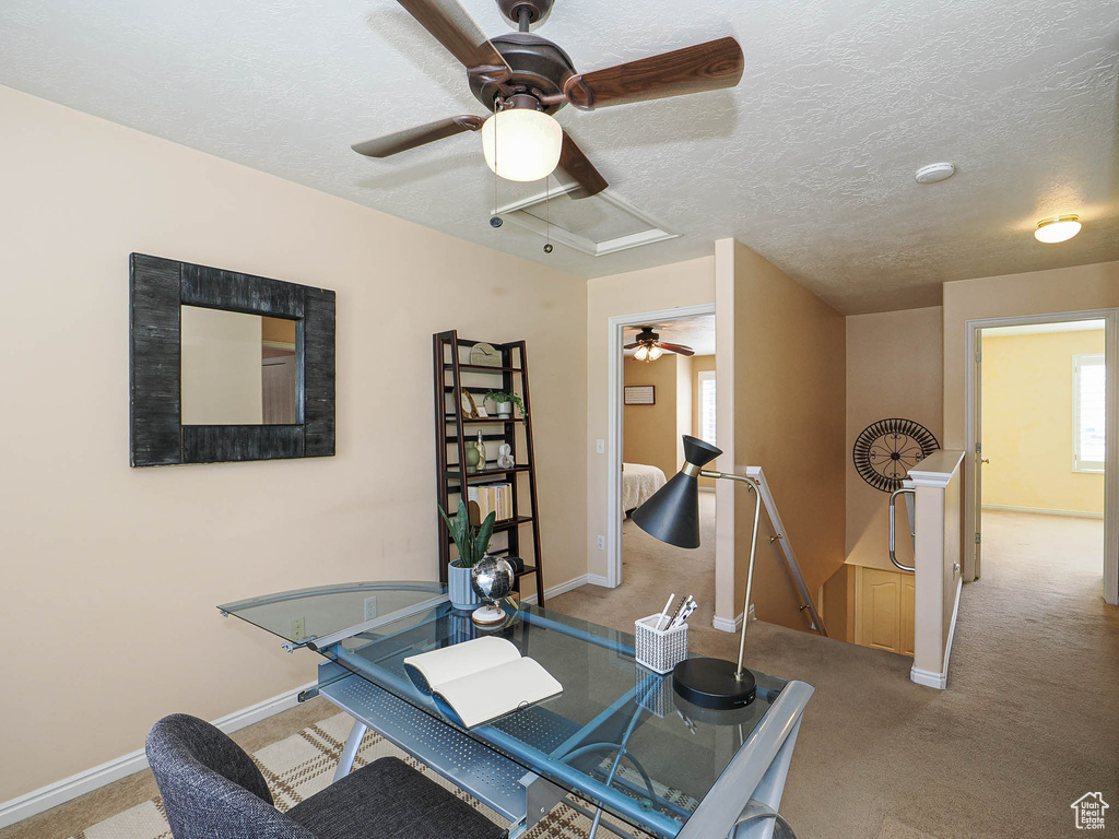 Office area with a ceiling fan, carpet floors, and a textured ceiling
