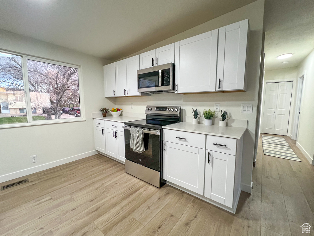 Kitchen with stainless steel appliances, light wood-style flooring, and light countertops
