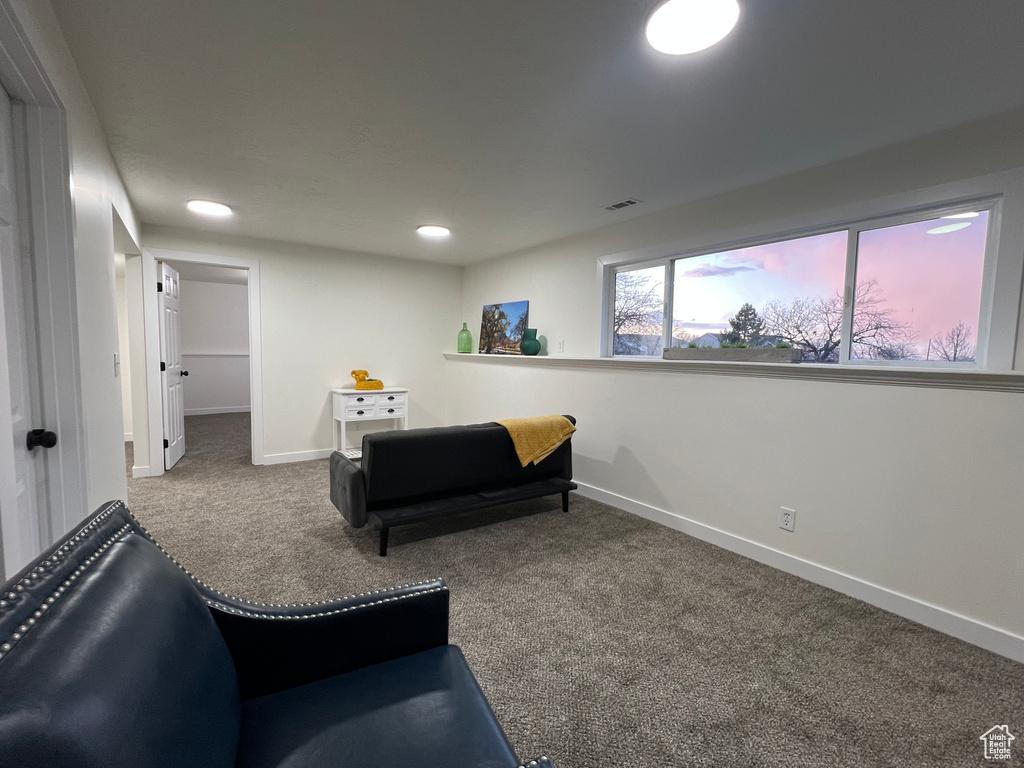 Living area with carpet flooring and recessed lighting