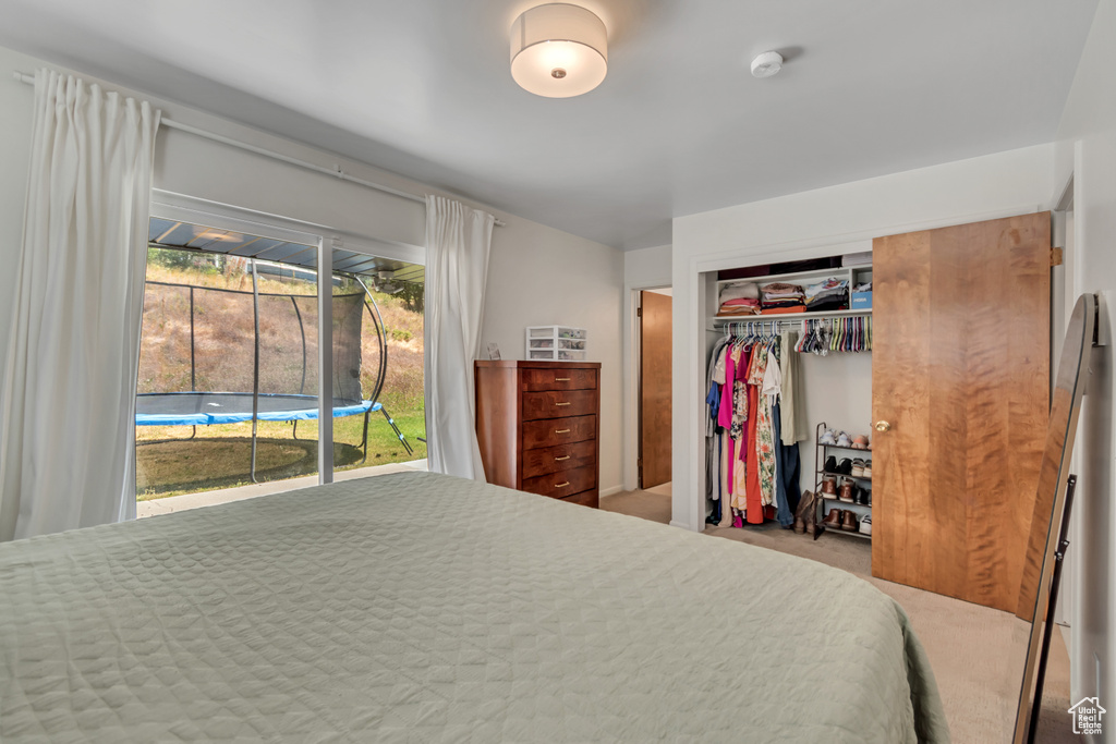 Carpeted bedroom featuring access to outside and a closet