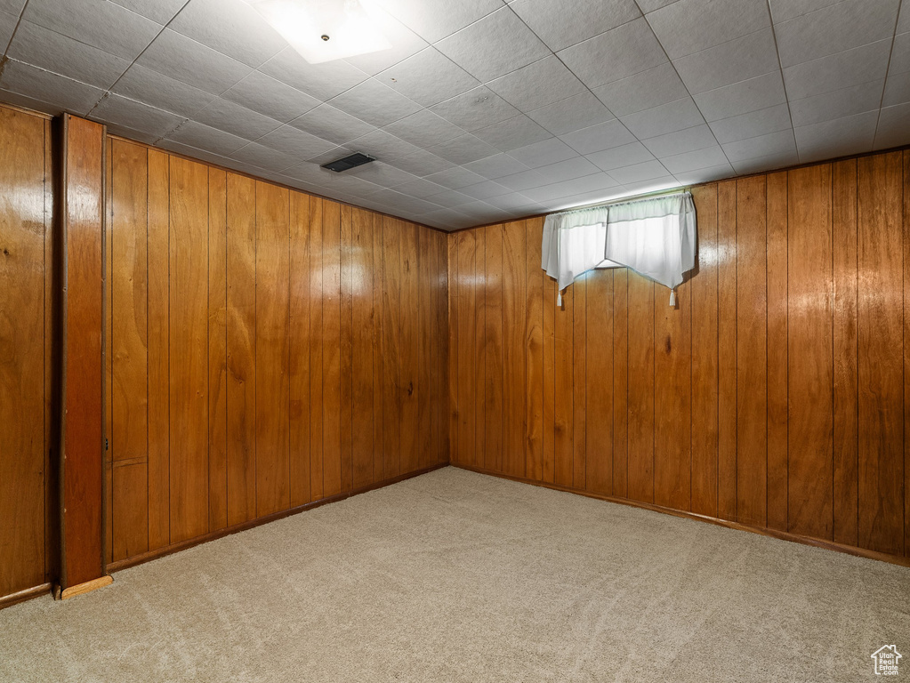 Below grade area with carpet floors and wooden walls