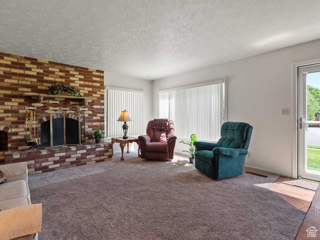 Carpeted living room with a fireplace and a textured ceiling