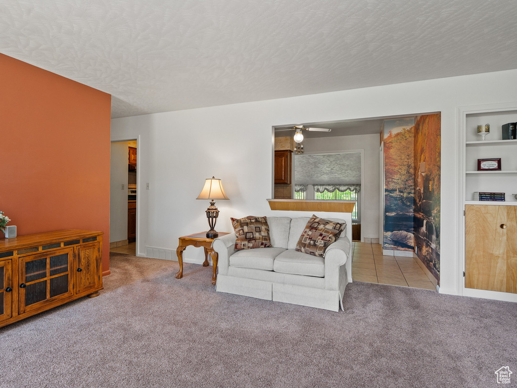 Living room featuring a textured ceiling, carpet floors, ceiling fan, and built in features