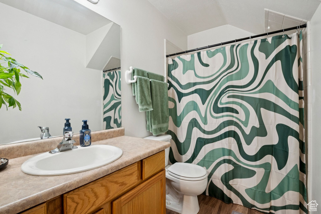 Full bathroom featuring vanity, wood finished floors, and a shower with shower curtain