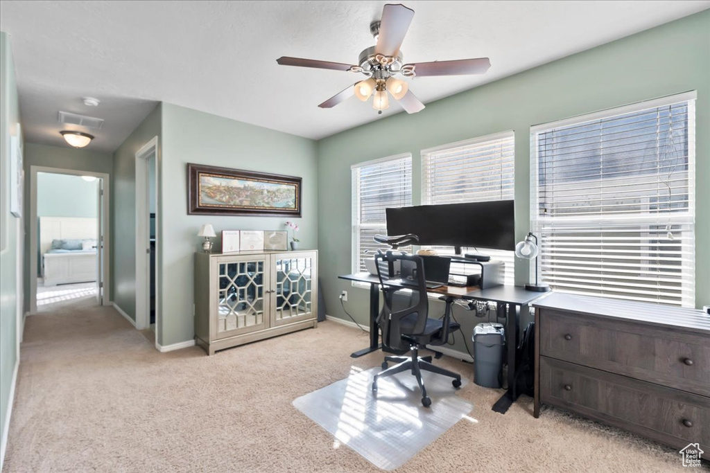 Home office featuring carpet floors and a ceiling fan