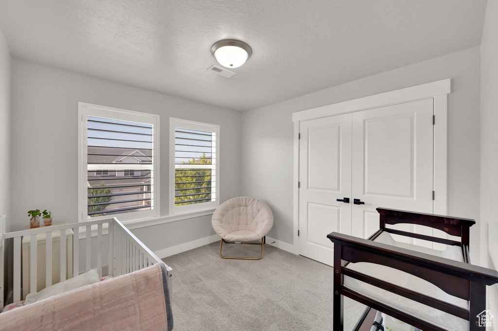 Carpeted bedroom featuring a closet, a textured ceiling, and a crib