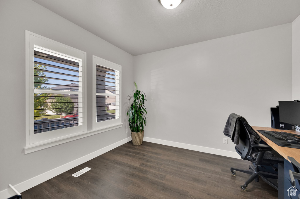 Office area featuring plenty of natural light and dark wood-type flooring