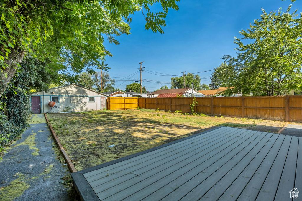Wooden deck with a fenced backyard